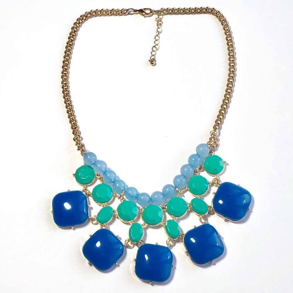 blue & teal bib style statement necklace